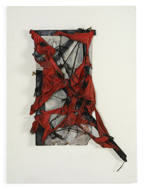 Otto Muehl, Untitled, 1961, Wood, fabric, dispersion and cord on cardboard, 114 x 82 x 17 cm / 44 7/8 x 32 1/4 x 6 3/4 in, © ARS, NY Courtesy Hauser & Wirth Photo: Barbora Gerny