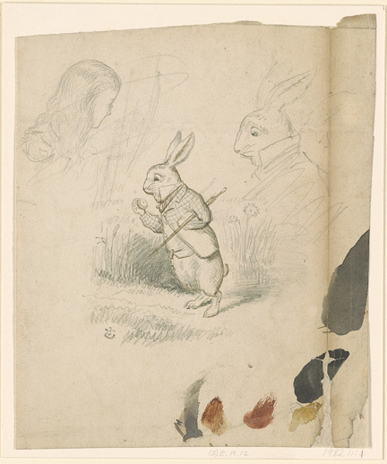 Tenniel, John, 1820-1914, The White Rabbit Looking at his Watch; Studies of the Head of the White Rabbit and of Alice [drawing], .1860s, 1982.11:1